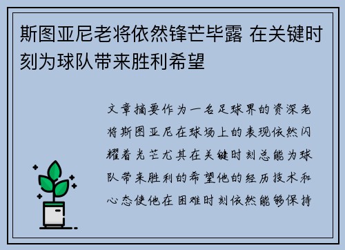 斯图亚尼老将依然锋芒毕露 在关键时刻为球队带来胜利希望 斯图亚尼老将依然锋芒毕露 在关键时刻为球队带来胜利希望